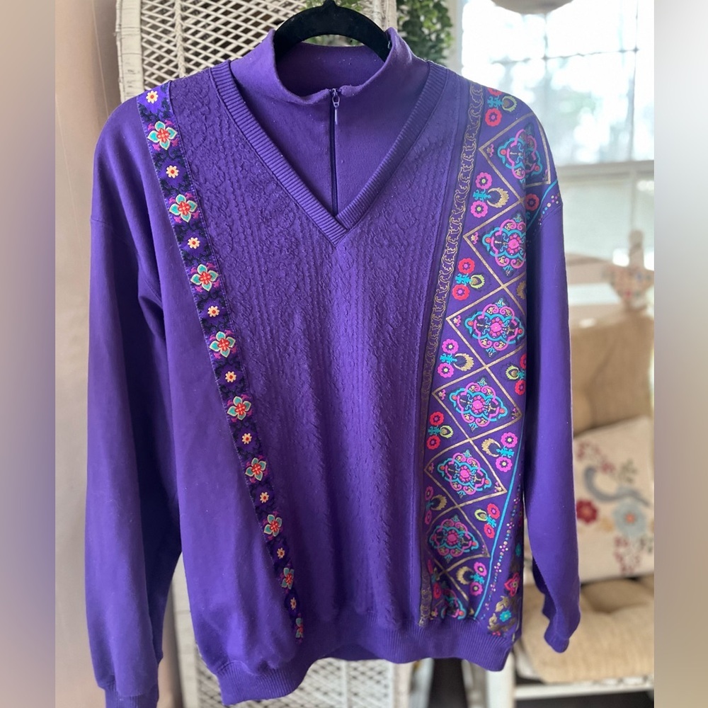 VINTAGE Blast Purple Long Sleeved Eclectic 80s Grandmacore Sweater Retro Large